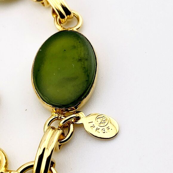 Translucent Nephrite Jade Gold Filled Link Bracelet Vintage 7.25 In - Picture 4 of 5